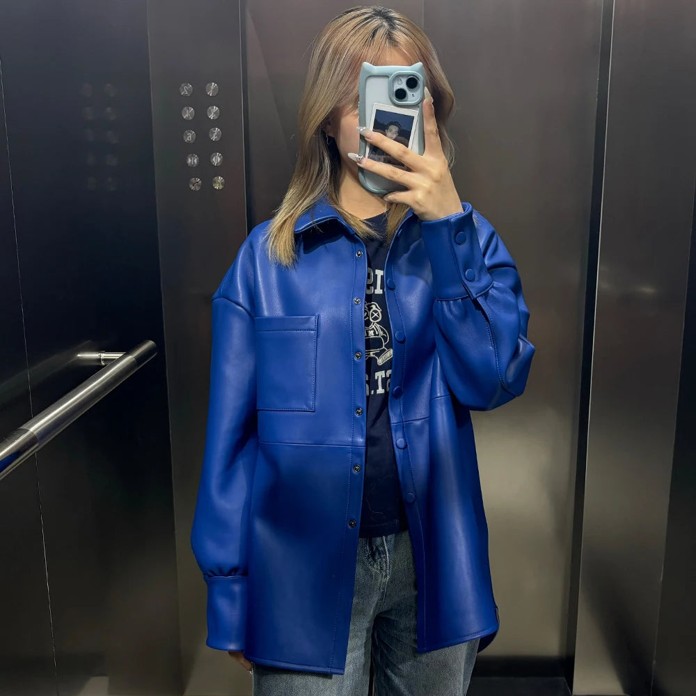 Bright Yellow Leather Shirt Women Real Sheepskin Jackets Leather Oversized Leather Jacket 2025