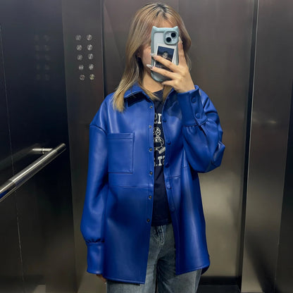 Bright Yellow Leather Shirt Women Real Sheepskin Jackets Leather Oversized Leather Jacket 2025