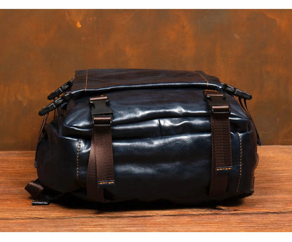 Navy Blue Leather Rucksack Large Capacity Business Bag