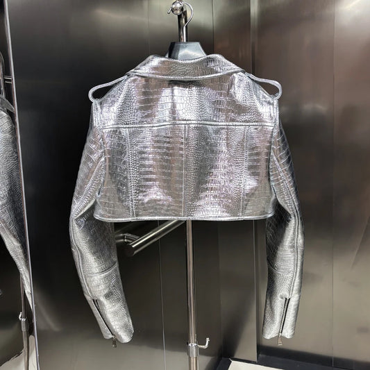 2025 Autumn Silver Shinny Leather Jacket Ladies Real Sheepskin Jacket Women Lambskin Cloth Short