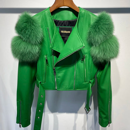 Womens Cropped Leather Jacket with Fur Sleeve
