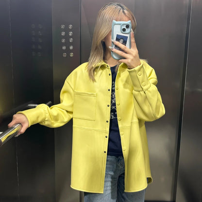 Bright Yellow Leather Shirt Women Real Sheepskin Jackets Leather Oversized Leather Jacket 2025