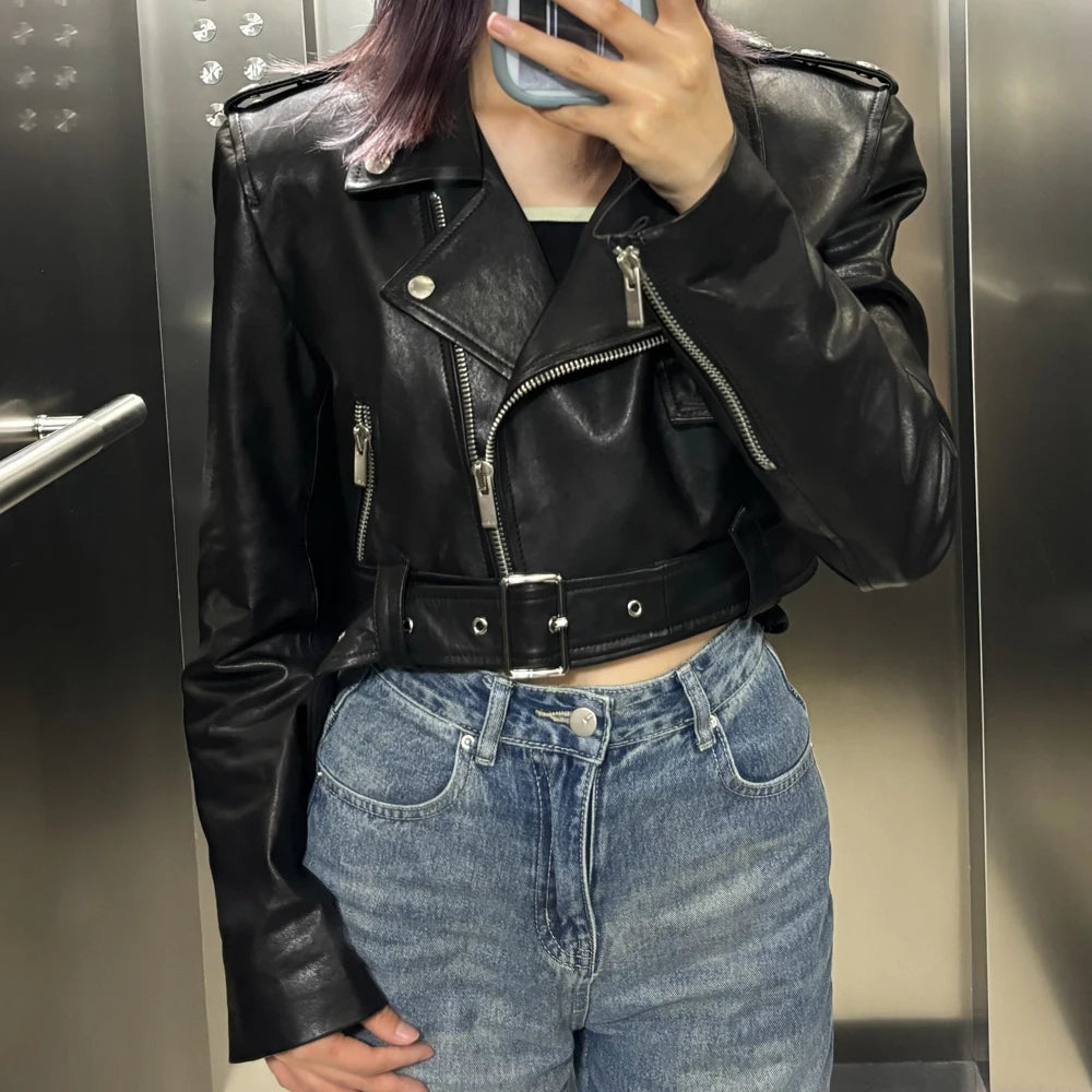 Women's black sheepskin leather jacket 2024 custom leather jacket real leather motorcycle jacket