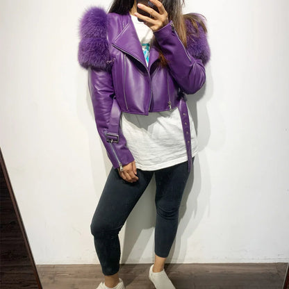 Womens Cropped Leather Jacket with Fur Sleeve