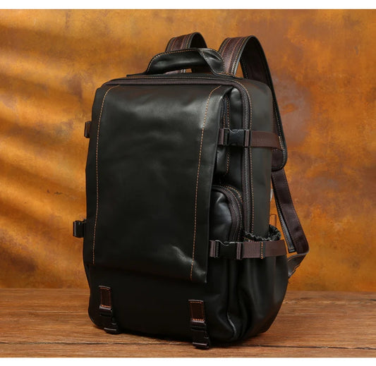 Retro Unisex Black Cowhide Travel Backpack - Large Capacity bag