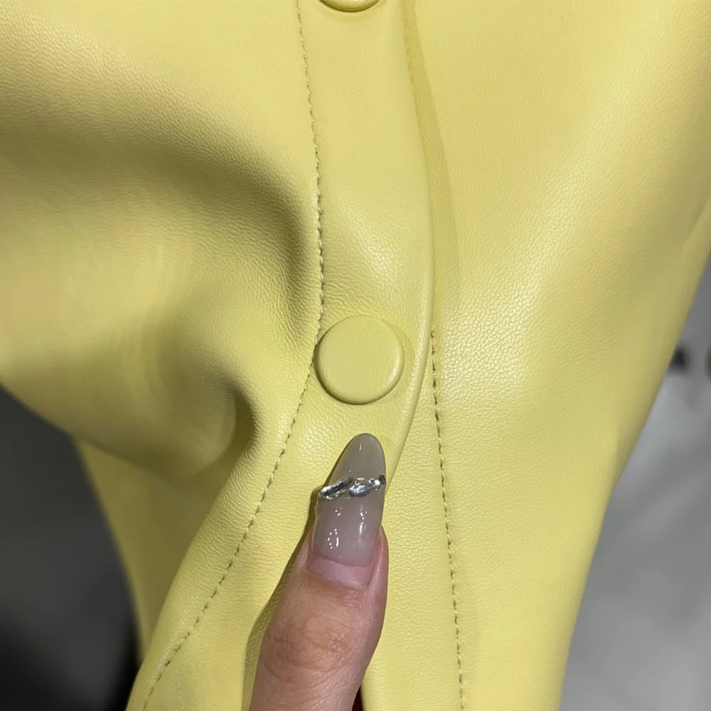 Bright Yellow Leather Shirt Women Real Sheepskin Jackets Leather Oversized Leather Jacket 2025