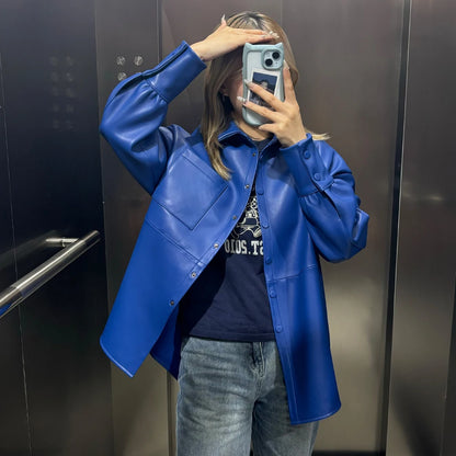 Bright Yellow Leather Shirt Women Real Sheepskin Jackets Leather Oversized Leather Jacket 2025