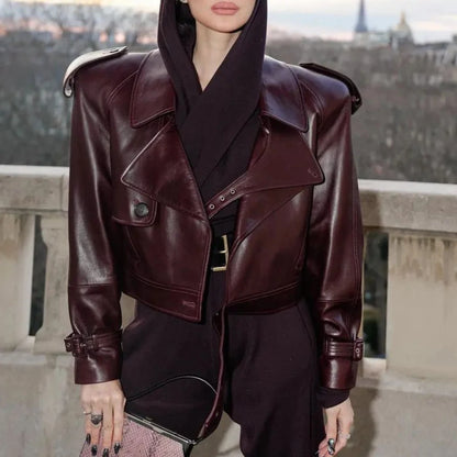Womens Cropped Leather Biker Jacket