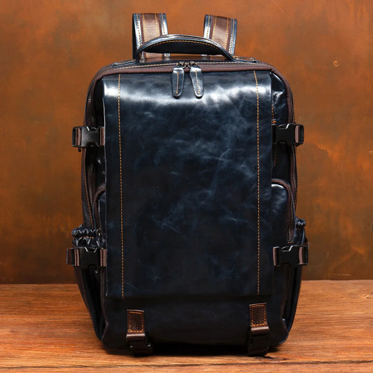 Navy Blue Leather Rucksack Large Capacity Business Bag