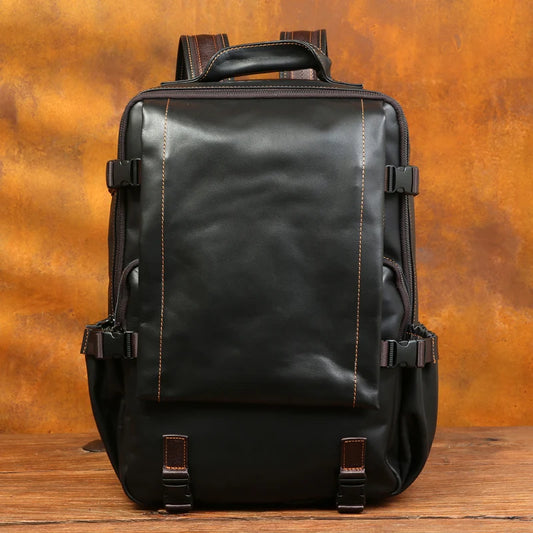 Retro Unisex Black Cowhide Travel Backpack - Large Capacity bag