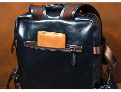 Navy Blue Leather Rucksack Large Capacity Business Bag
