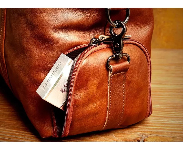 Unisex Redish Brown Leather Duffle Bag Carry On