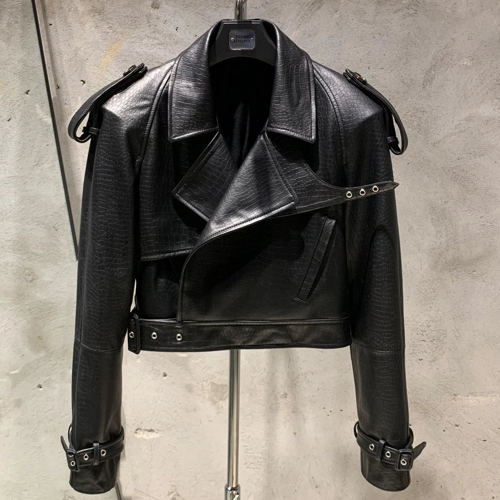 Womens Cropped Leather Biker Jacket