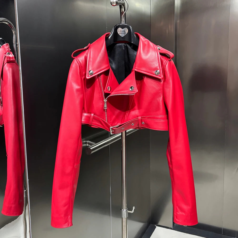 2025 Spring Fashion Real Sheepskin Leather Crop Top Jacket Women Plus Size More Colors