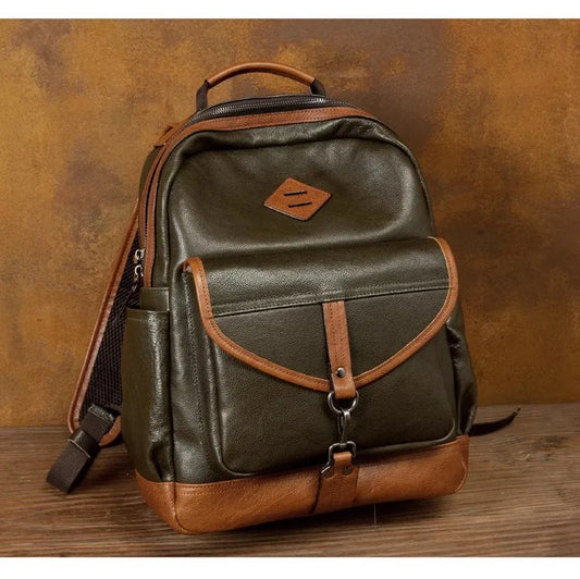 Unisex Buttery Soft Army Green Leather Backpacks - Large Capicity Bag
