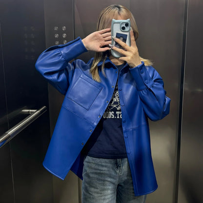 Bright Yellow Leather Shirt Women Real Sheepskin Jackets Leather Oversized Leather Jacket 2025