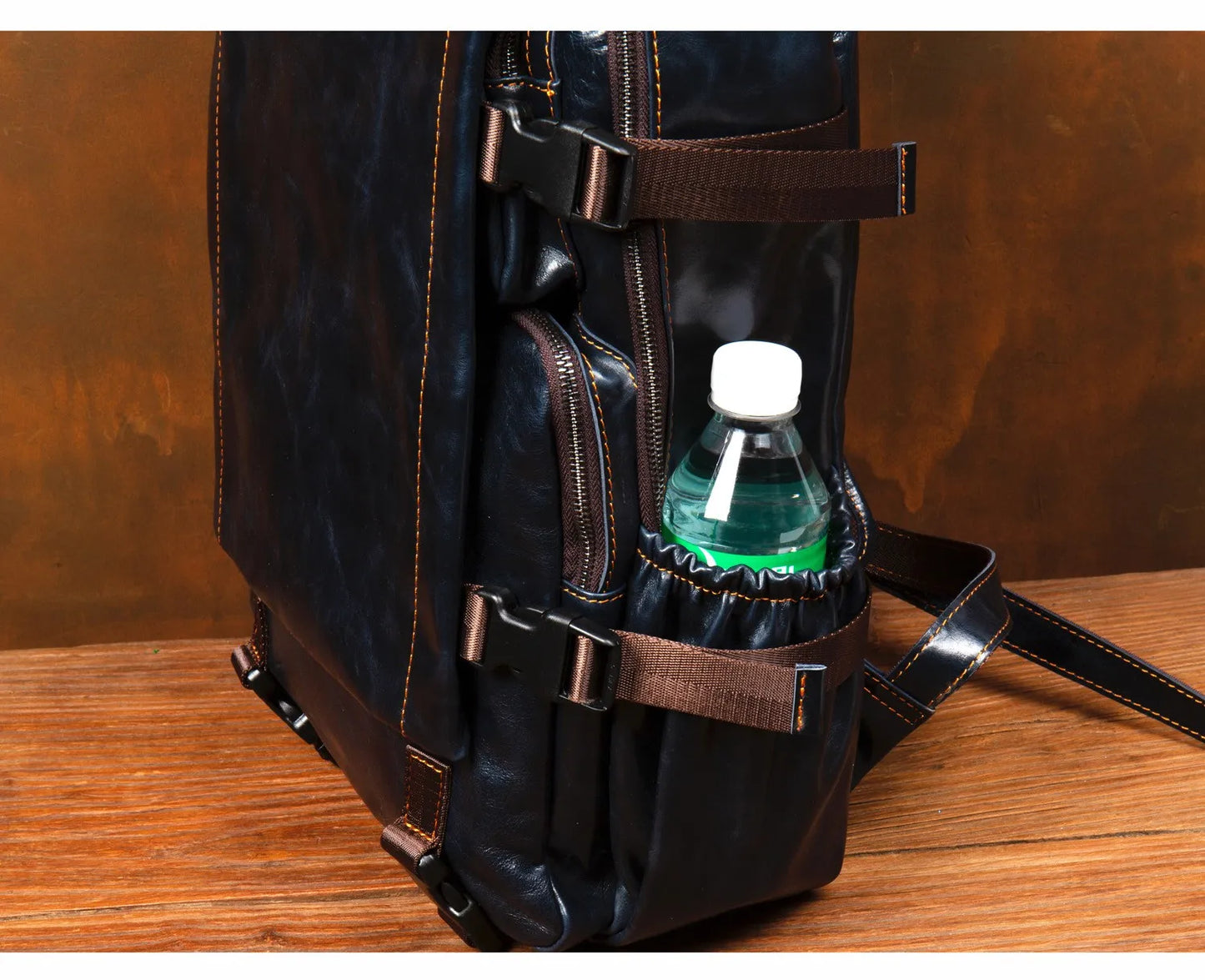 Navy Blue Leather Rucksack Large Capacity Business Bag