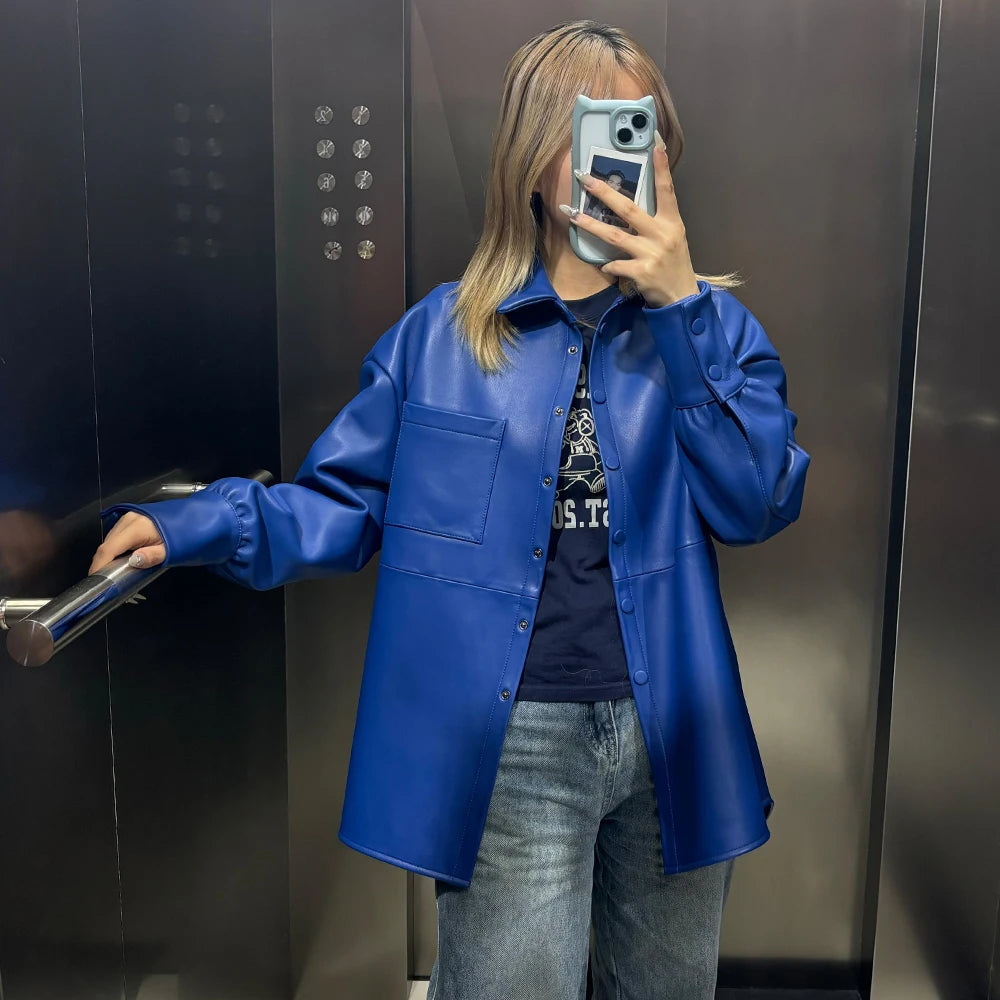 Bright Yellow Leather Shirt Women Real Sheepskin Jackets Leather Oversized Leather Jacket 2025