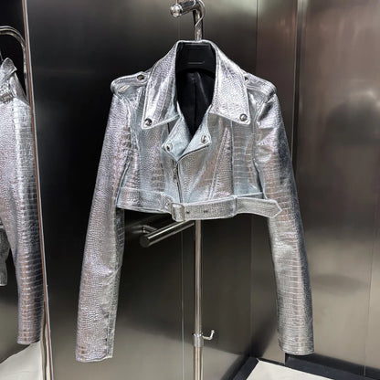 2025 Autumn Silver Shinny Leather Jacket Ladies Real Sheepskin Jacket Women Lambskin Cloth Short