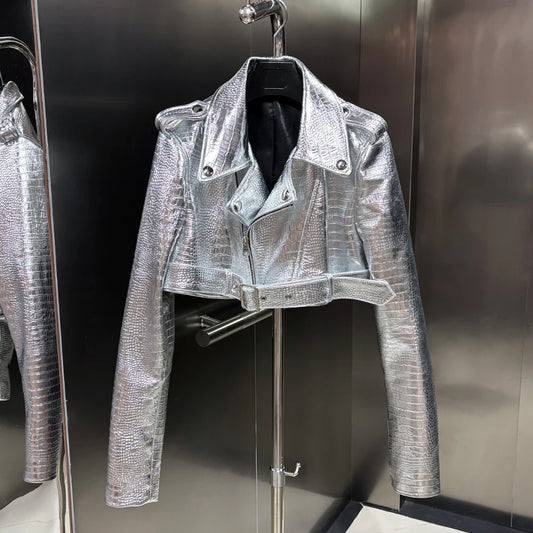 2025 Autumn Silver Shinny Leather Jacket Ladies Real Sheepskin Jacket Women Lambskin Cloth Short