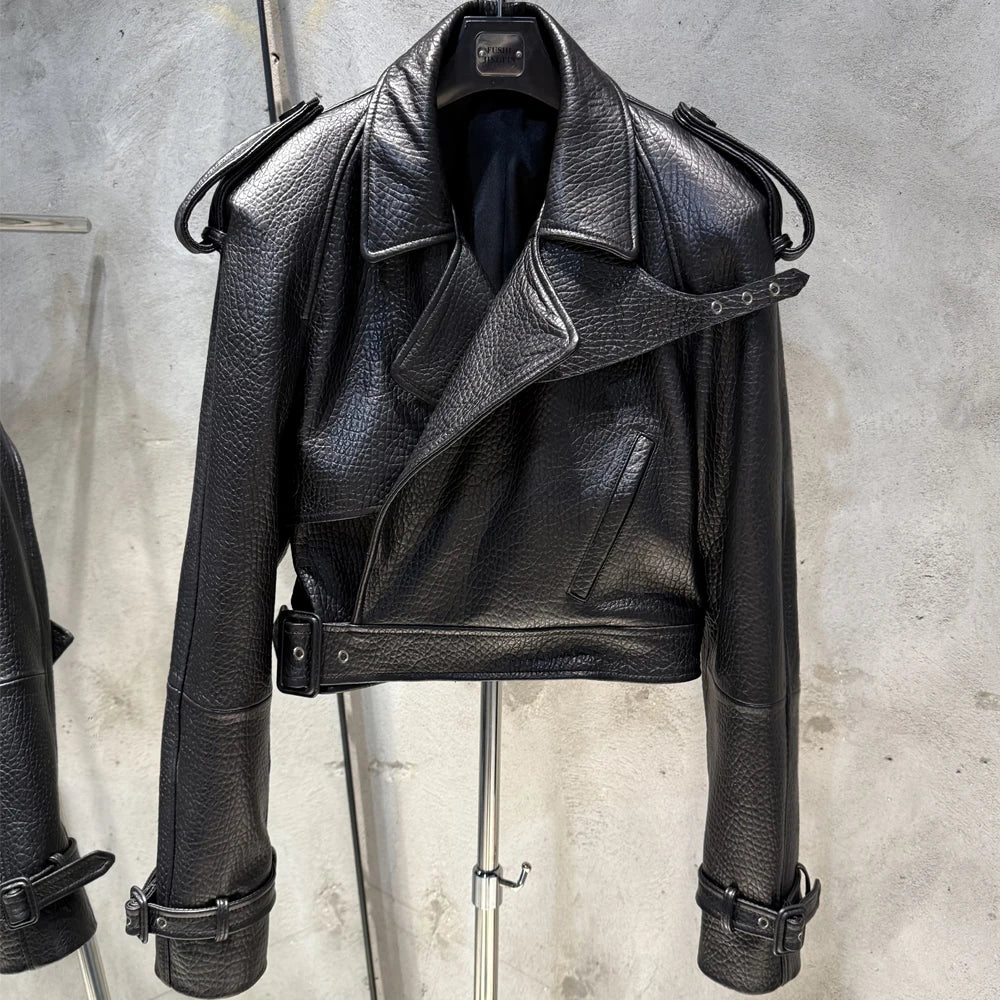 Womens Cropped Leather Biker Jacket