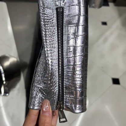 2025 Autumn Silver Shinny Leather Jacket Ladies Real Sheepskin Jacket Women Lambskin Cloth Short