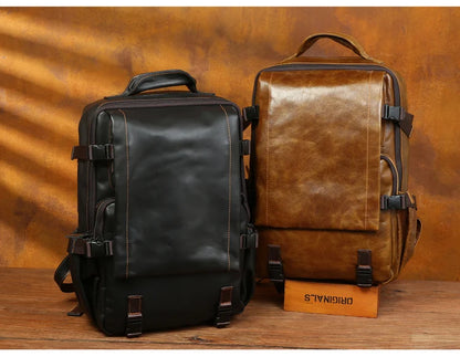 Retro Unisex Black Cowhide Travel Backpack - Large Capacity bag