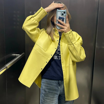 Bright Yellow Leather Shirt Women Real Sheepskin Jackets Leather Oversized Leather Jacket 2025