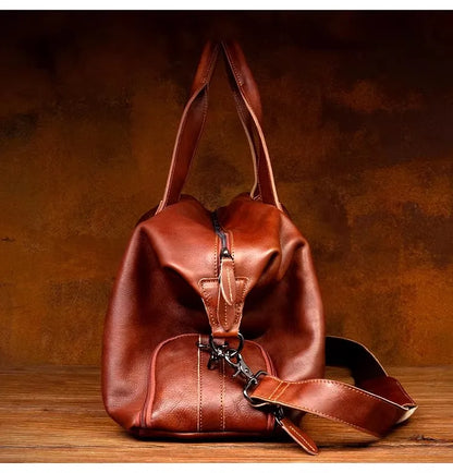 Unisex Redish Brown Leather Duffle Bag Carry On