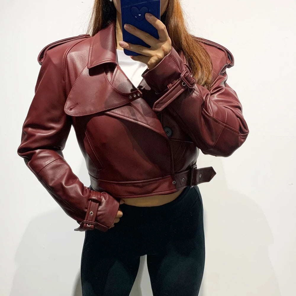 Womens Cropped Leather Biker Jacket