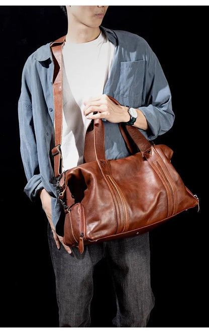 Unisex Redish Brown Leather Duffle Bag Carry On