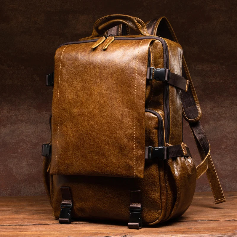 Retro Unisex Black Cowhide Travel Backpack - Large Capacity bag