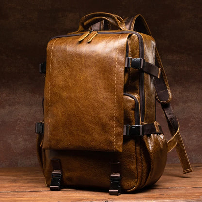 Retro Unisex Black Cowhide Travel Backpack - Large Capacity bag