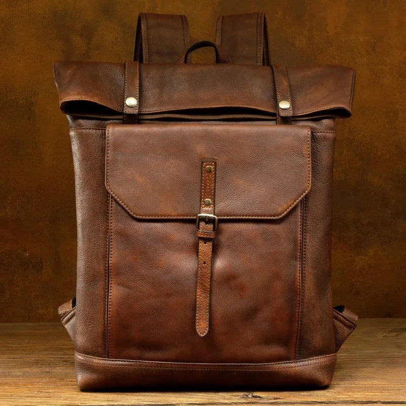 Vegetable Tanned Large Capicity Leather Brown Rucksack
