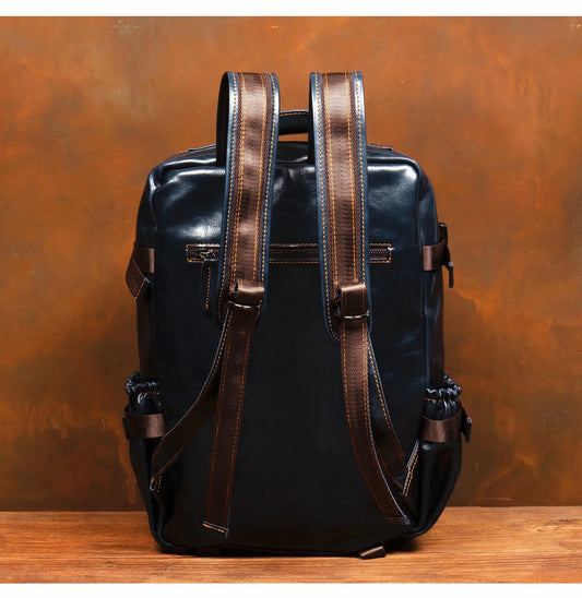 Navy Blue Leather Rucksack Large Capacity Business Bag