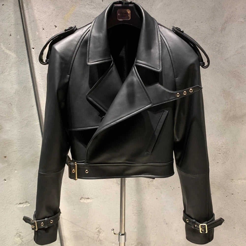 Womens Cropped Leather Biker Jacket