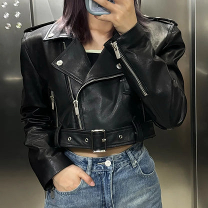 Women's black sheepskin leather jacket 2024 custom leather jacket real leather motorcycle jacket