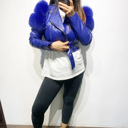 Womens Cropped Leather Jacket with Fur Sleeve
