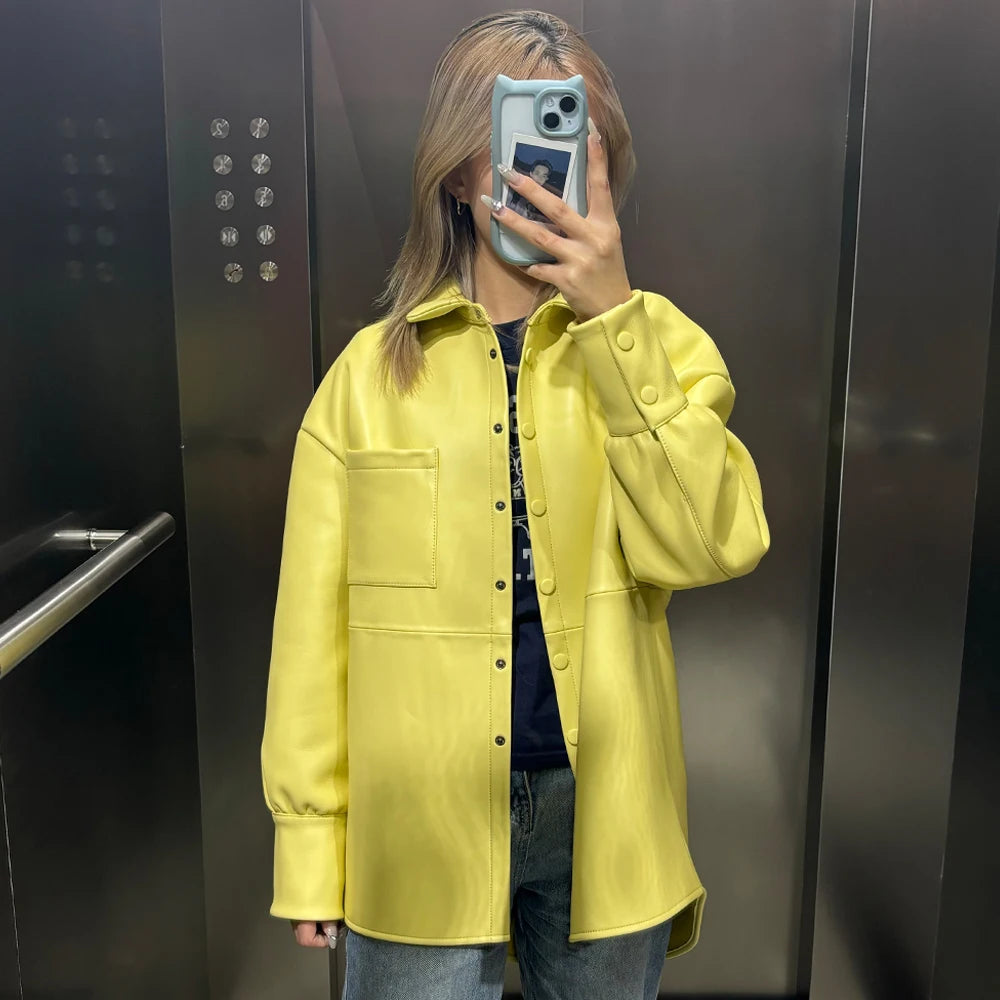 Bright Yellow Leather Shirt Women Real Sheepskin Jackets Leather Oversized Leather Jacket 2025
