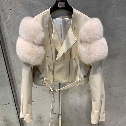 Womens Cropped Leather Jacket with Fur Sleeve