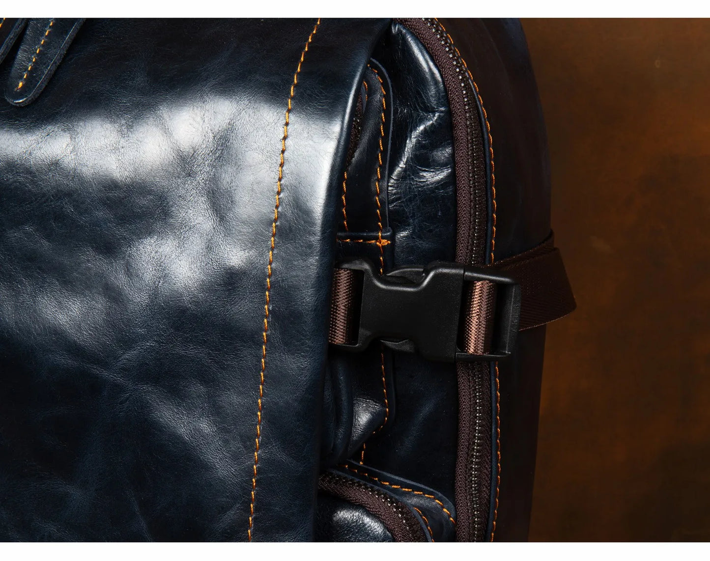 Navy Blue Leather Rucksack Large Capacity Business Bag