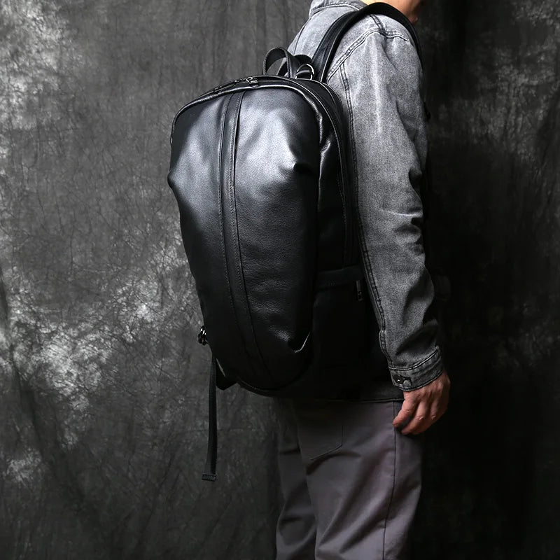 Large Capacity Leather Backpack Men Black