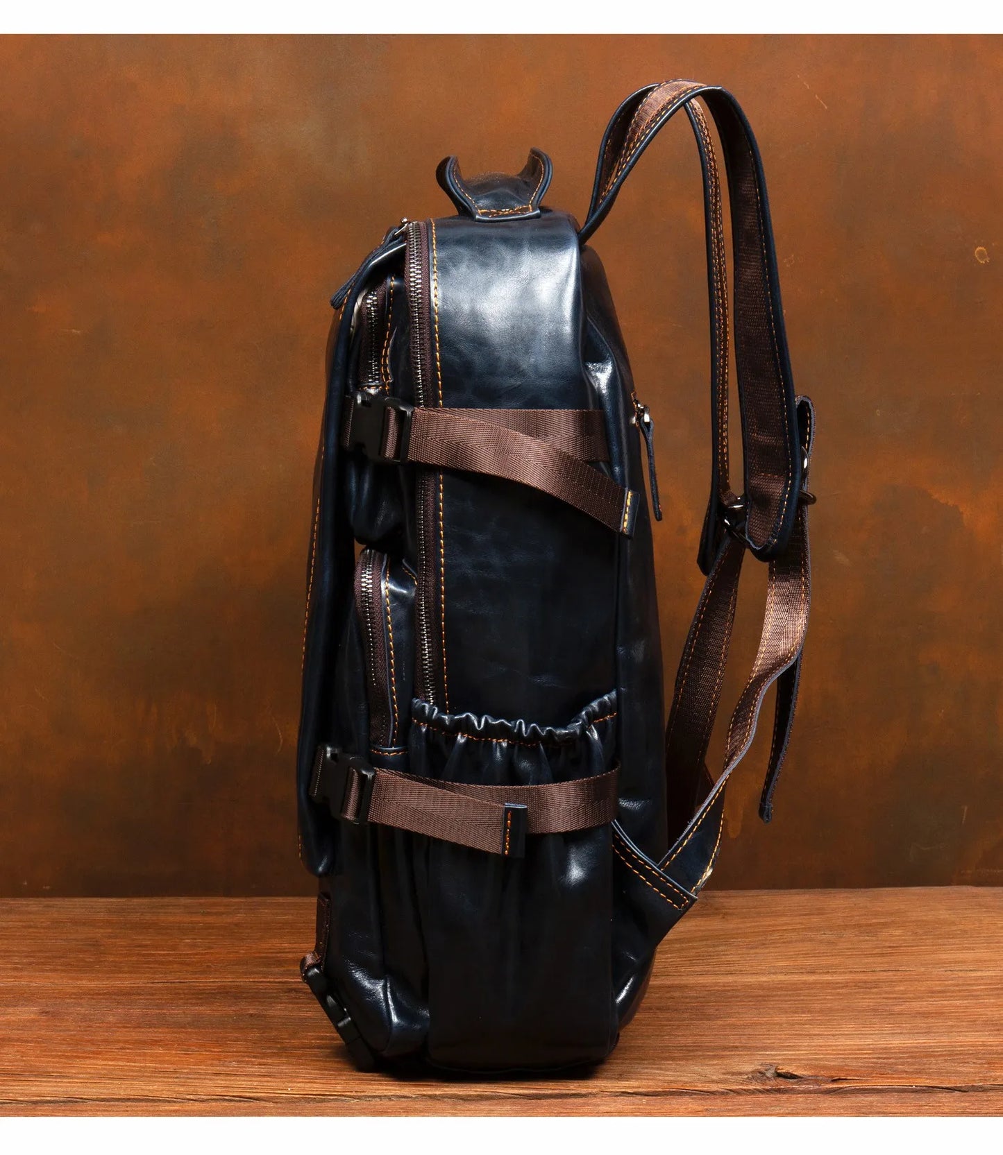 Navy Blue Leather Rucksack Large Capacity Business Bag