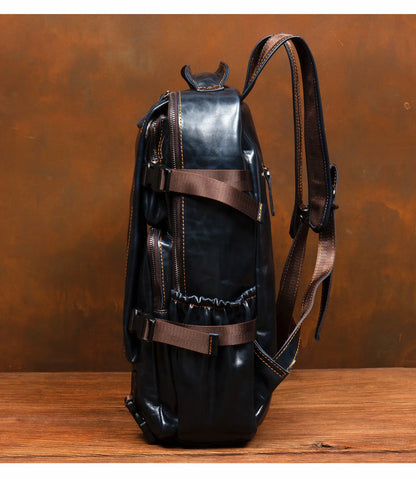 Navy Blue Leather Rucksack Large Capacity Business Bag