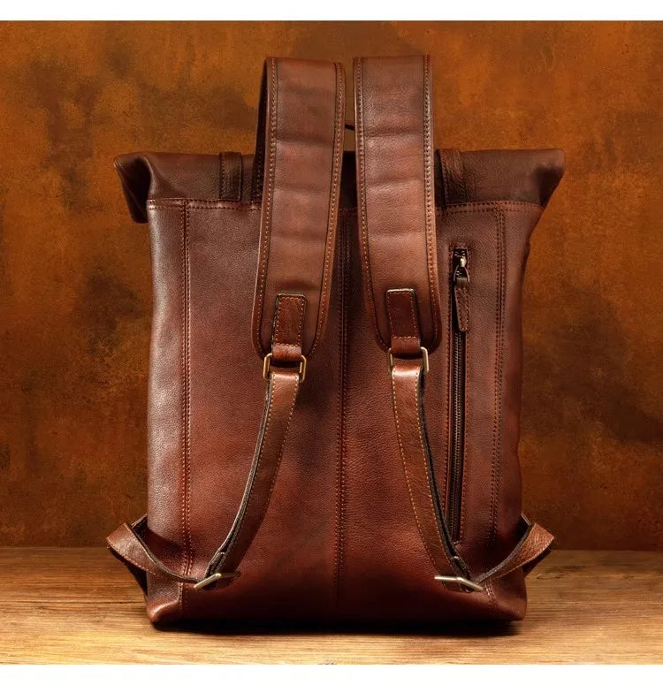 Vegetable Tanned Large Capicity Leather Brown Rucksack