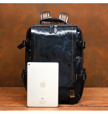 Navy Blue Leather Rucksack Large Capacity Business Bag