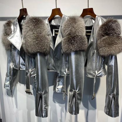 Womens Cropped Leather Jacket with Fur Sleeve