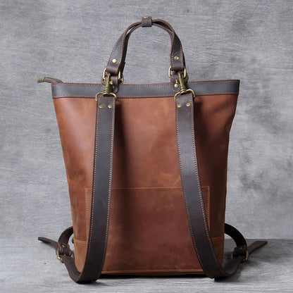Unisex Leather Convertible Backpack and Shoulder Bag