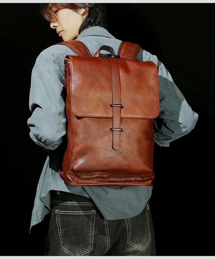 Vegetable Tanned Leather Rucksack Backpack For Mens