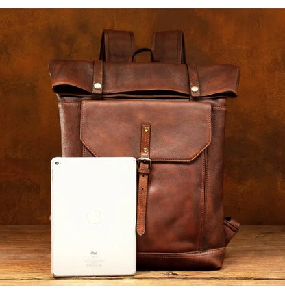 Vegetable Tanned Large Capicity Leather Brown Rucksack